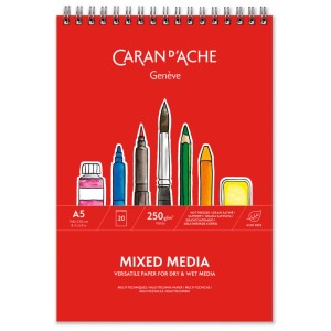 Blocco da disegno Caran d'Ache A5, 250 g/m², 20 fogli, copertina rossa con illustrazioni di penne.