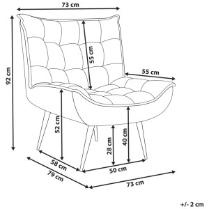 Schéma : Fauteuil Beliani Alvesta, tissu vert, dimensions indiquées. Fauteuil rembourré pour salon et chambre.