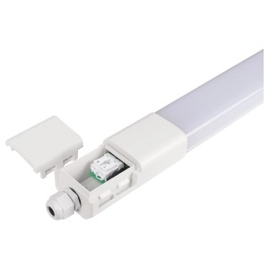 Réglette LED étanche E2 Elektro Plus S 18W blanche avec boîtier de connexion ouvert.