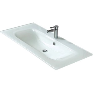 Vasque en verre blanc Pelipal Quantum Compact avec robinet, vue de dessus.