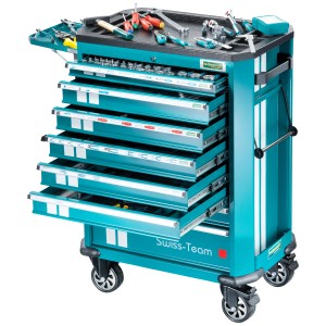 Servante d'atelier Technocraft Swiss Team avec 297 pièces et 8 tiroirs, partiellement équipée.