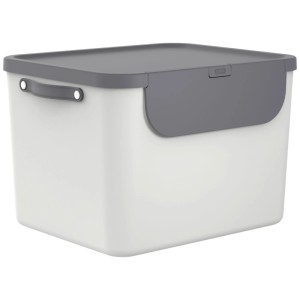 Rotho Albula Recycling Mülleimer, 55L, Mistletoe White, mit grauem Deckel und Klappe.