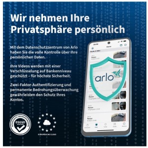 Arlo Sicherheitskamera Essential 3 2K: Smartphone-App mit Live-Überwachung und Arlo Logo.