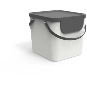 Cesto per riciclaggio Rotho Albula bianco (40 l) con coperchio e manici grigi.