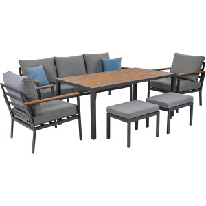Ensemble repas 6 pièces Greemotion Bozen, mobilier de jardin lounge anthracite avec table, canapé, fauteuils et tabourets.