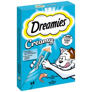 Dreamies Creamy Lachs Katzensnack, 4er-Pack. Cremige Füllung, ohne Zuckerzusatz, mit Lachsgeschmack.