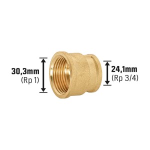 Manicotto di riduzione filettato in ottone, 24,1 mm (Rp 3/4) x 30,3 mm (Rp 1) per raccordi filettati.