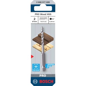 Punta per legno Bosch Pro Wood HSS, 2 mm, argento. Per fori precisi.
