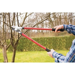 LUX Amboss Astschere in Nutzung: Eine Hand schneidet einen Ast. Gartenschere mit roten Griffen.
