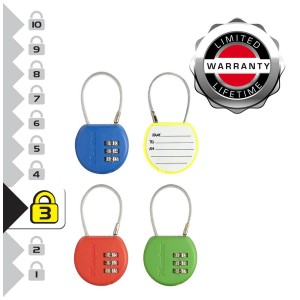 Master Lock Zahlen-Vorhängeschloss mit Stahlkabel, verschiedene Farben.