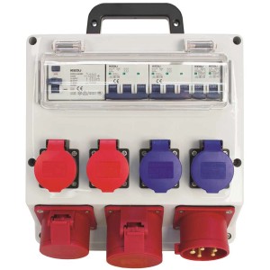 Steffen Distributeur de courant de chantier 32A IP55 : Boîtier de distribution avec prises CEE rouges et bleues pour chantier et atelier.