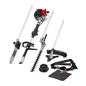 Kit multifonction 4 en 1 : Débroussailleuse avec coupe-bordures, taille-haie et élagueuse.
