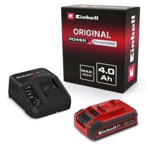 Kit de démarrage batterie Einhell PXC 4 Ah Plus: batterie rouge, chargeur noir et boîte. Pour outils électroportatifs.