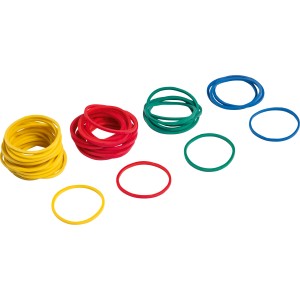 Assortimento di elastici LUX multicolore in giallo, rosso, verde e blu, varie dimensioni.