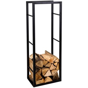 Range-bûches Billie en acier noir rempli de bûches. Idéal pour l'intérieur et l'extérieur.