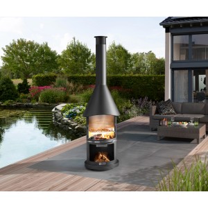 Barbecue Buschbeck Auckland noir en acier inoxydable avec grille dans le jardin.