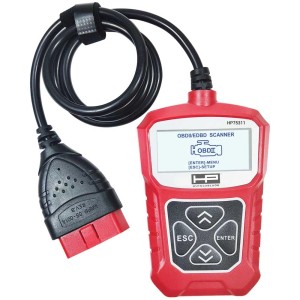 Strumento diagnostico guasti OBD II rosso con display e cavo per auto elettriche.