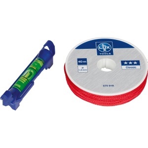 LUX Wasserwaage mit Maurerschnur Classic (40 m) und blauer Kunststoffhalterung.