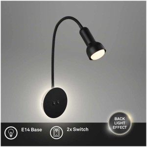 Applique murale LED Briloner noire avec bras flexible, spot et effet de rétroéclairage.