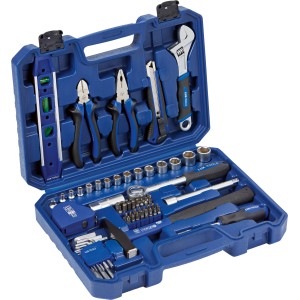 Boîte à outils LUX Classic bleue ouverte, 69 pièces avec outils comme marteau, pinces, clés et embouts.