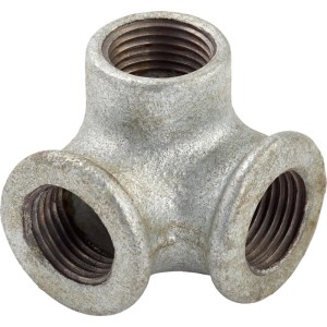 Raccordo in ghisa malleabile a 3 vie con filettatura interna 18,6 mm (Rp 1/2) per tubi zincati.