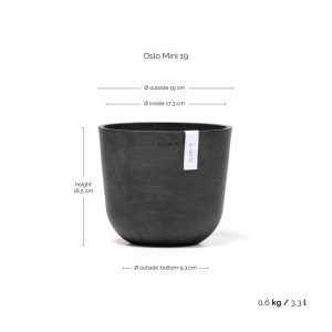Pot de fleurs Ecopots Oslo Mini, gris foncé, 19x16,5 cm. Design scandinave pour intérieur et extérieur.