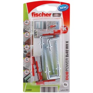 Cheville universelle Fischer DuoPower 8x40 avec crochet coudé, 4 pièces, pour un maintien sûr dans divers matériaux.