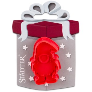 Roter Wichtel Präge-Ausstecher aus Kunststoff, 6 cm, auf Geschenkkarte. Für detailreiche Weihnachtskekse.
