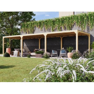 Ensemble de pavillon Karibu Fyrkant, naturel, avec deux extensions dans le jardin.