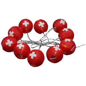 Guirlande lumineuse solaire LED Suisse avec 10 lanternes rouges à croix suisse pour l'extérieur.