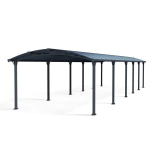 Canopia Carport Arcadia 12700 in antracite, design ampio con tetto curvo e pali robusti.