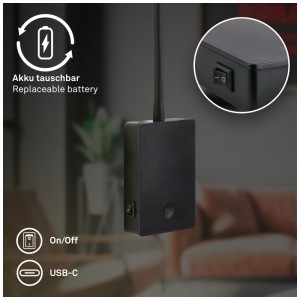 Gros plan : Lampe de lecture sans fil noire Briloner Cielo avec interrupteur, USB-C et batterie remplaçable.