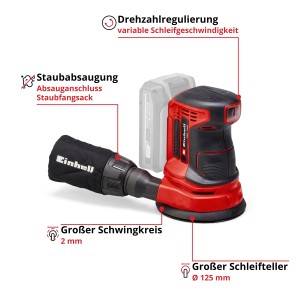 Ponceuse excentrique sans fil Einhell Power X-Change TE-RS 18 Li Solo (sans batterie). Ponceuse compacte rouge/noire avec aspiration des poussières.