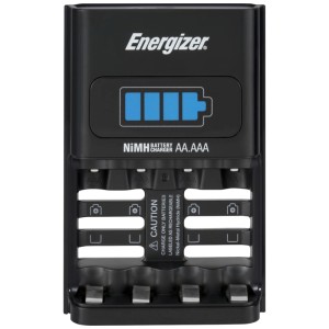 Chargeur rapide Energizer 1h avec 2 piles AA, adapté aux piles AA et AAA. Indicateur d'état de charge.