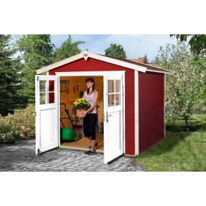 Casetta da giardino in legno verniciato OBI Outdoor Living Monza con tetto a due falde, 205x229 cm, rosso e bianco, con doppia porta aperta.
