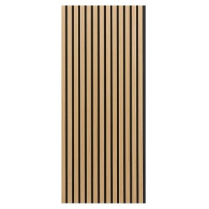 Pannello acustico Fibrotech Decor 120 rovere chiaro. Lamelle verticali in legno su sfondo scuro per assorbimento acustico.