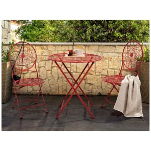 Set bistro Beliani Scario rosso in metallo, tavolo pieghevole e due sedie per balcone.