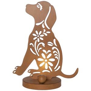 Lampe solaire chien en métal couleur rouille, 33 cm de haut, avec découpes florales. Décoration solaire décorative.