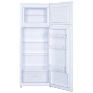 Frigorifero combinato SPC bianco aperto, 206 l, con ripiani e scomparti porta.