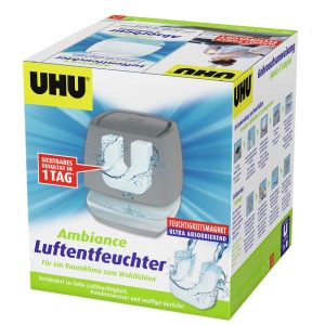 Emballage du déshumidificateur UHU Ambiance anthracite avec un aimant anti-humidité.