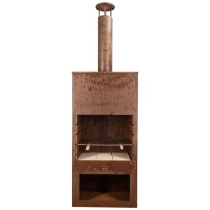 Cheminée d'extérieur Nouvel Tubo en acier aspect rouille avec grille et rangement pour le bois.
