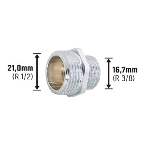 Nipplo riduttore filettato in ottone cromato, Ø 21 mm x Ø 16,7 mm, per raccordi filettati.