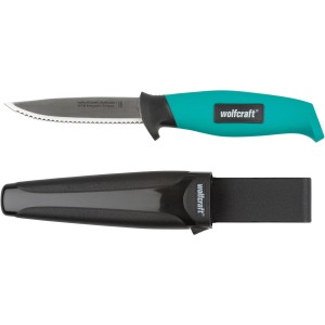 Coltello da esterno Wolfcraft con lama seghettata e fodero in plastica.