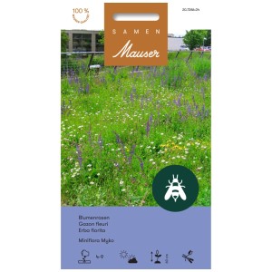 Blumensamen Miniflora Myko: Verpackung mit lebendiger Blumenwiese, lila, weißen Blüten und Bienen-Symbol.