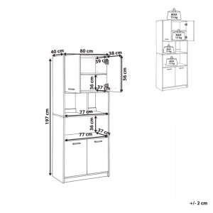 Bibliothèque Beliani Zehna: Dessin technique de la structure avec 4 portes, 7 étagères. Dimensions 197x80x40 cm, design Gris Blanc.