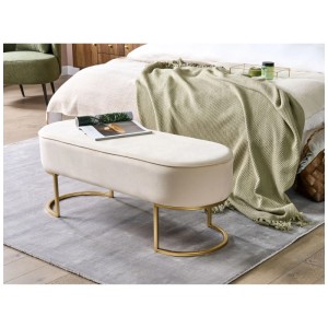 Banquette de lit en velours beige Milry avec pieds en métal doré, forme ovale. Tabouret pour chambre ou salon.