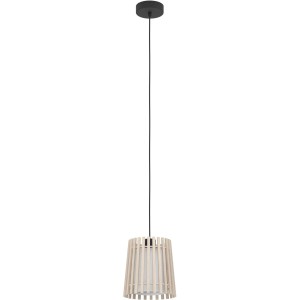 Lampada a sospensione Eglo Fattoria, 1 luce, paralume in legno e tessuto bianco, nero e marrone.