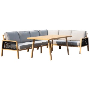 Greemotion Lounge-Set Monaco, 5-teilig, mit Holzoptik, Aluminiumrahmen und grauen Kissen.