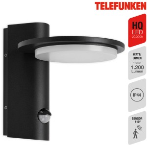 Schwarze Telefunken LED Aussenleuchte Bern mit Bewegungssensor, 10W, 1200 Lumen.