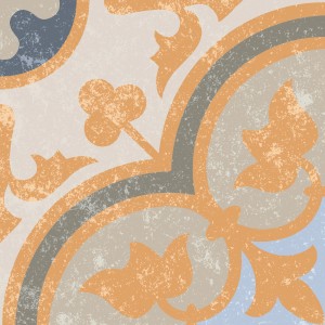 Piastrella da pavimento decorativa in gres porcellanato opaco, 20x20 cm, con motivo floreale in beige, grigio e blu.
